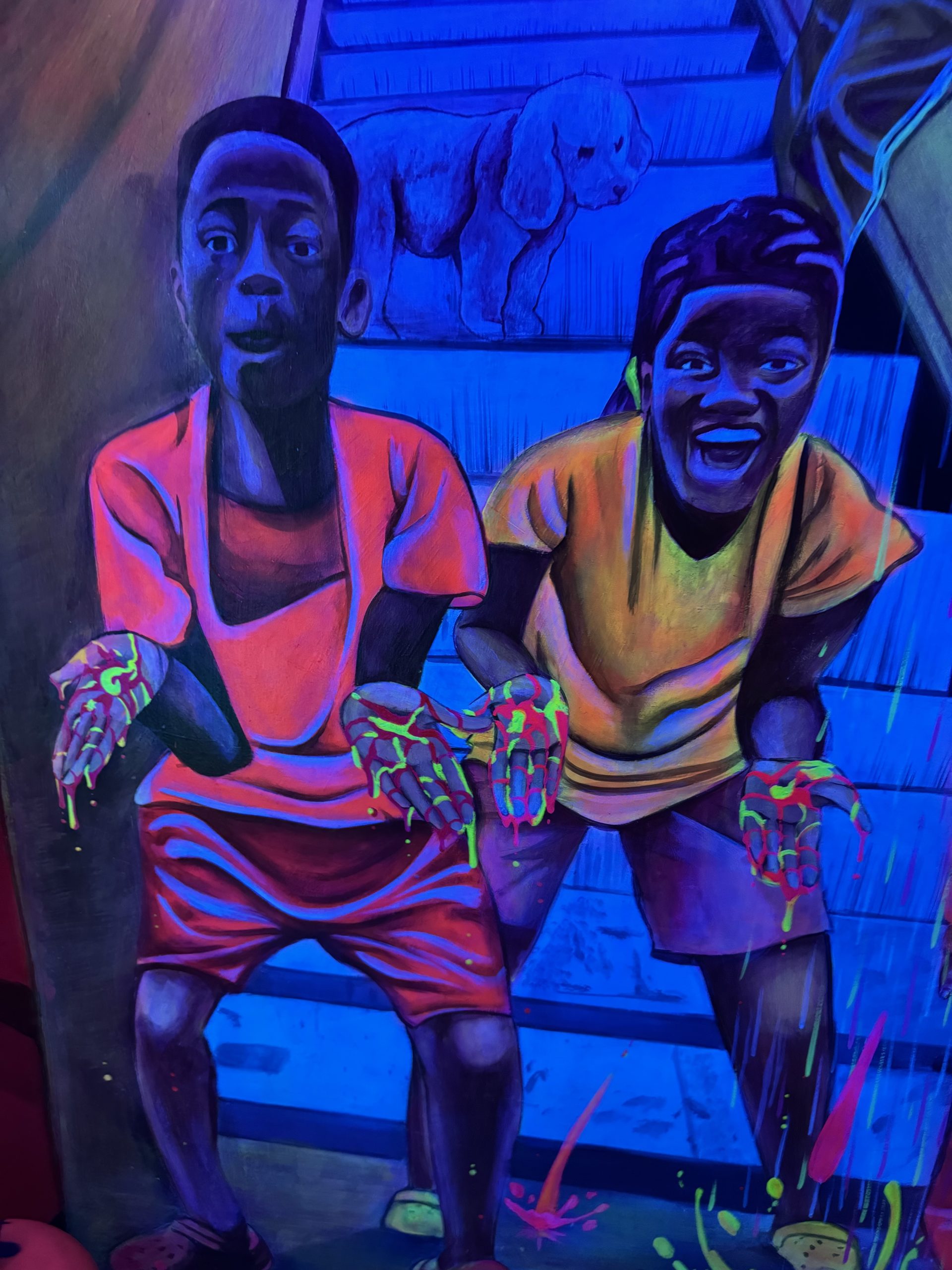 A neon blue painting of two boys making funny faces