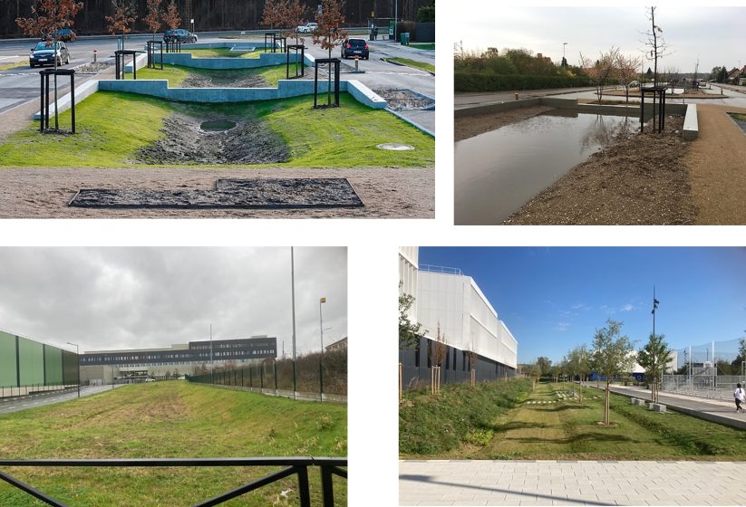 Four pictures of yards with concrete walkways, roads, and buildings