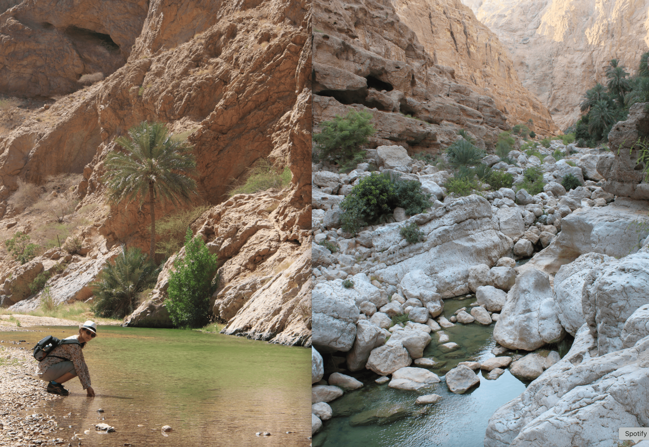 Left: A person sitting next to a river in a rocky outcrop, hands in the water. Right: A river trickling through a canyon of white and beige rocks