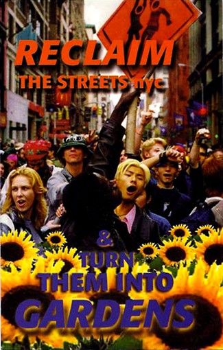 A poster with a group of people in a street, sunflowers along the boarders