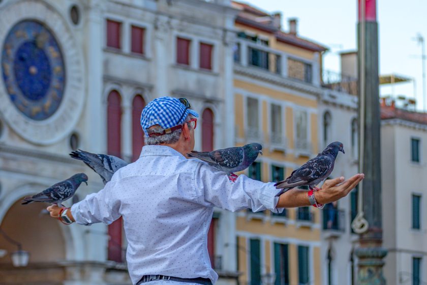 A person standing with pigeons on each outstretched arm