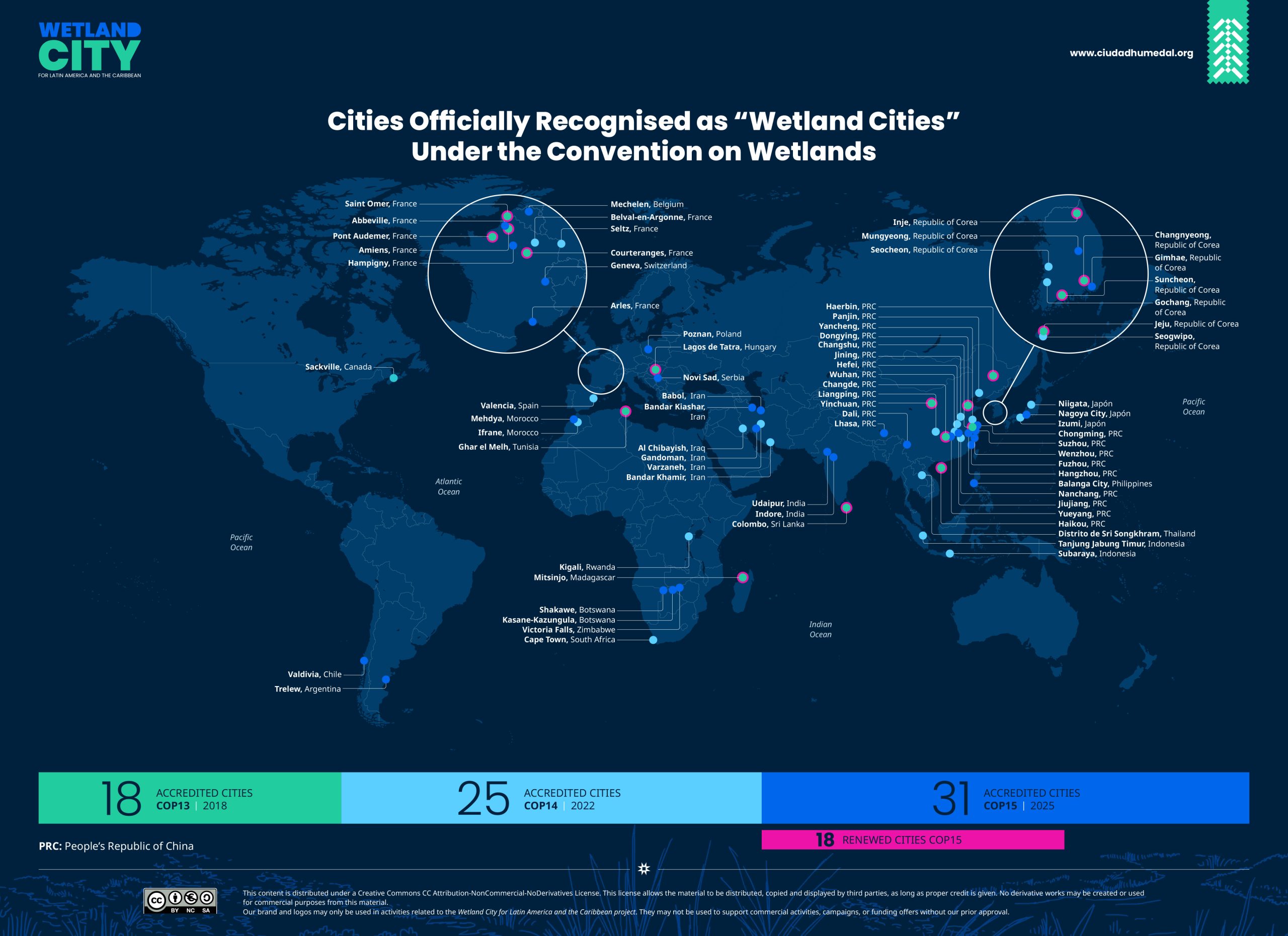 A map of the world marking the wetland cities