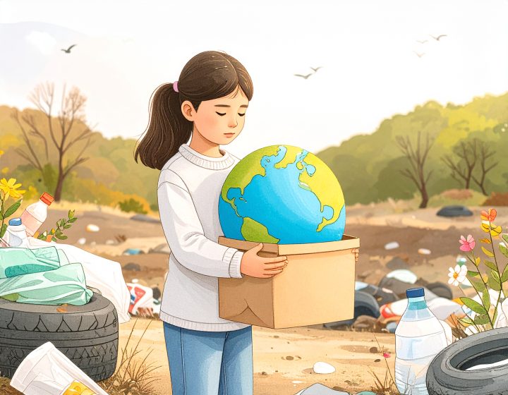 An illustrated image of a girl holding Earth in a cardboard box surrounded by litter