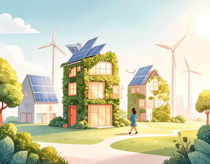 An illustration of a person walking on a sidewalk next to houses covered in plants, with solar panel roofs, and win turbines in the background