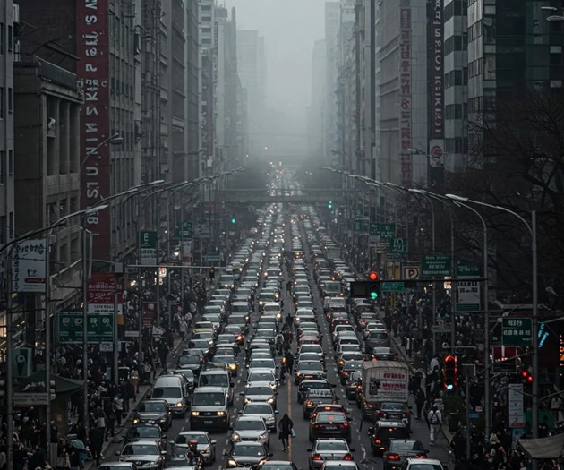 A dense grey urban scene, characterized by a heavy traffic jam on a wide street lined with tall buildings