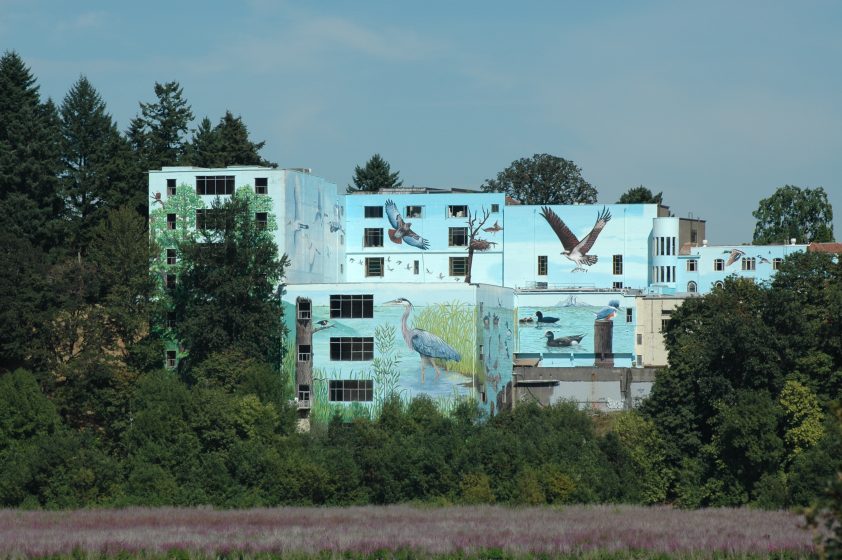 A building with herons and blue sky painted on it