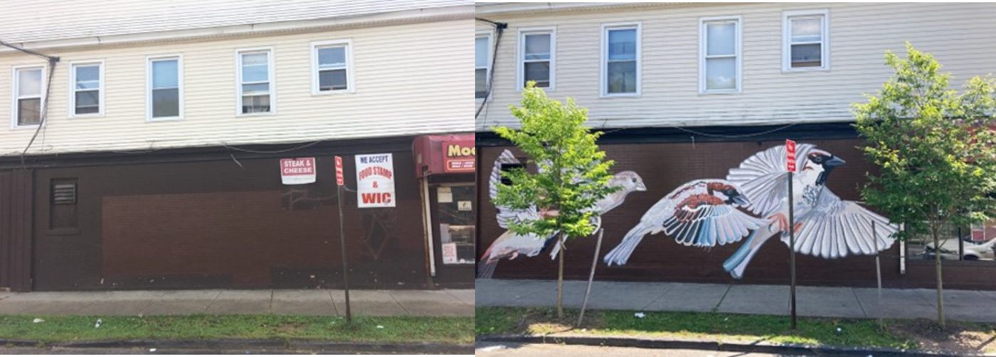 Left: A residential building and a sidewalk. Right: A mural of sparrows on a residential building