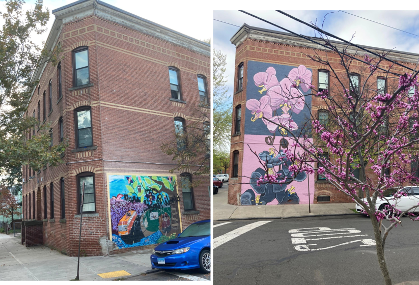 Left: A multistory brick building with a small mural. Right: A multistory brick building with a large pink mural 