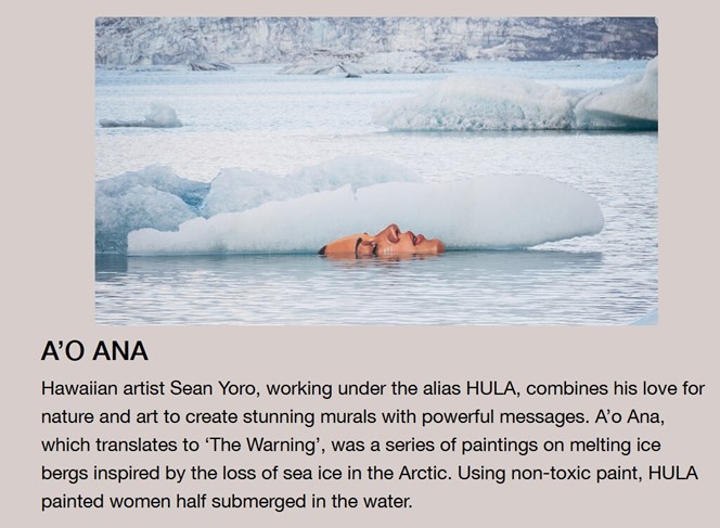 A painting of a person submerged in icy water with just their face peaking out