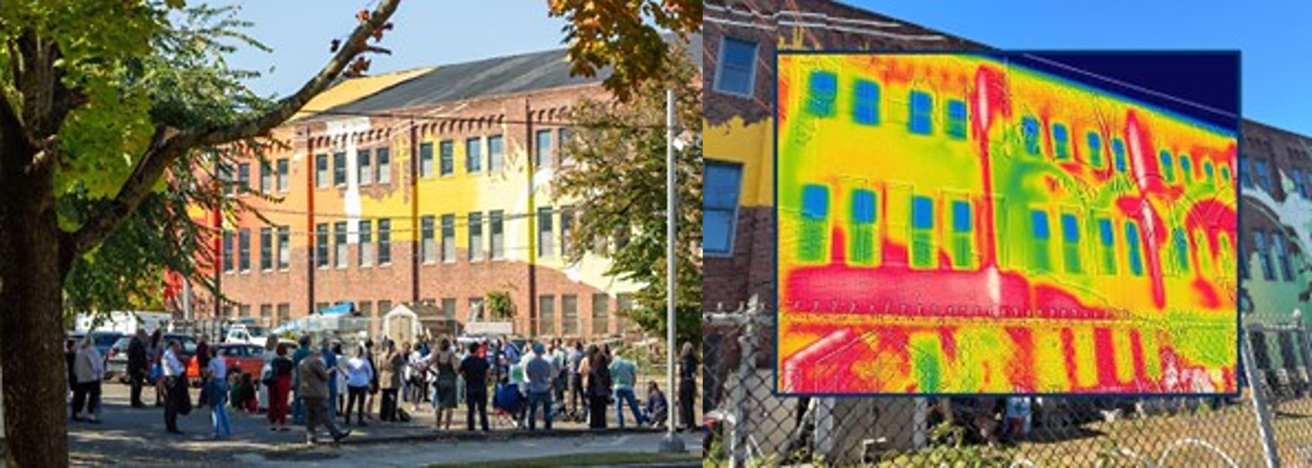 Left: A large group of people standing, looking at a large mural on a brick wall. Right: A large mural of a thermal scan of the building it's painted on