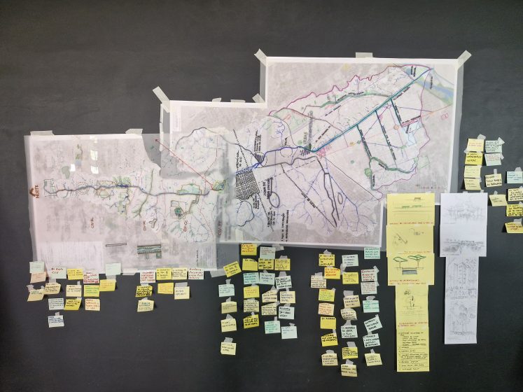 A map with many sticky notes