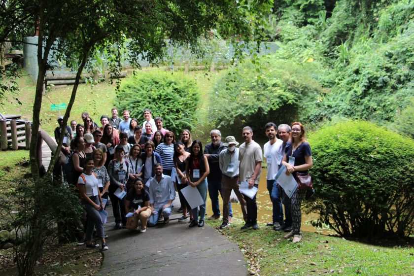 A group of people standing on a path surrounded by green trees