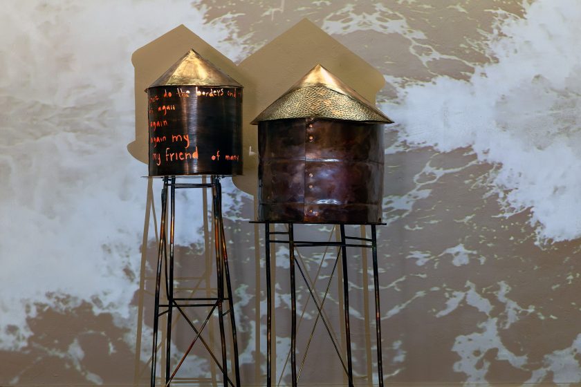 An art exhibit of metal water towers