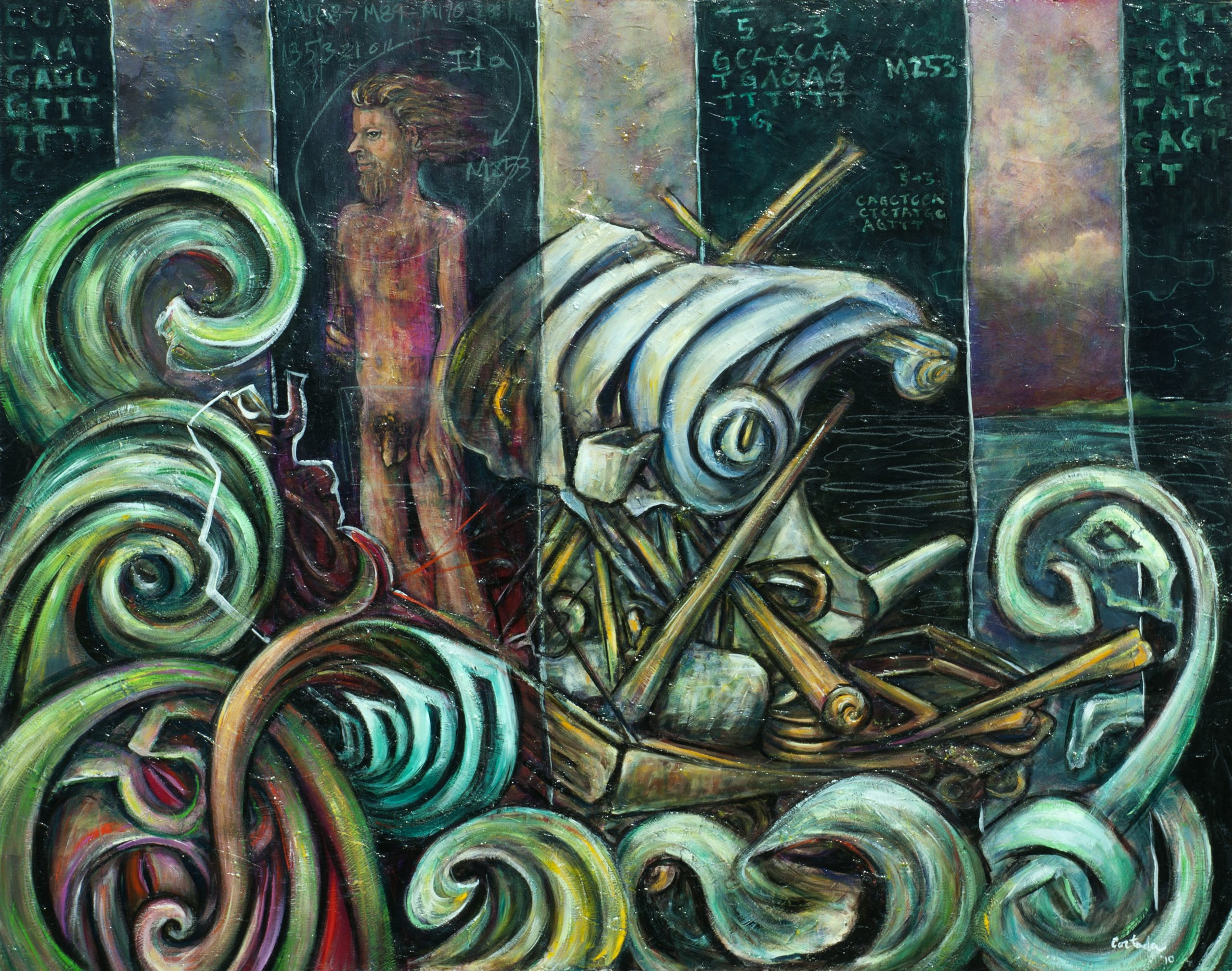 A painting of a person standing on a boat in the ocean