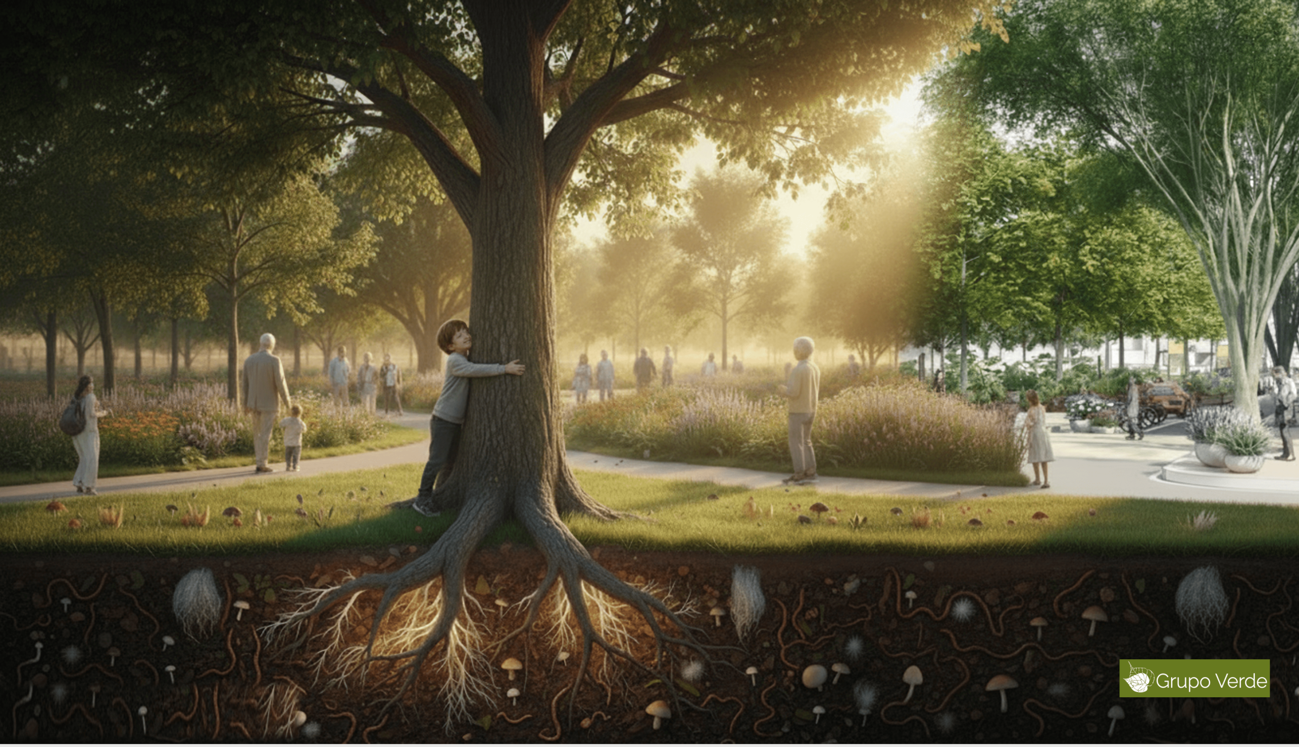 A child hugging a tree in a park