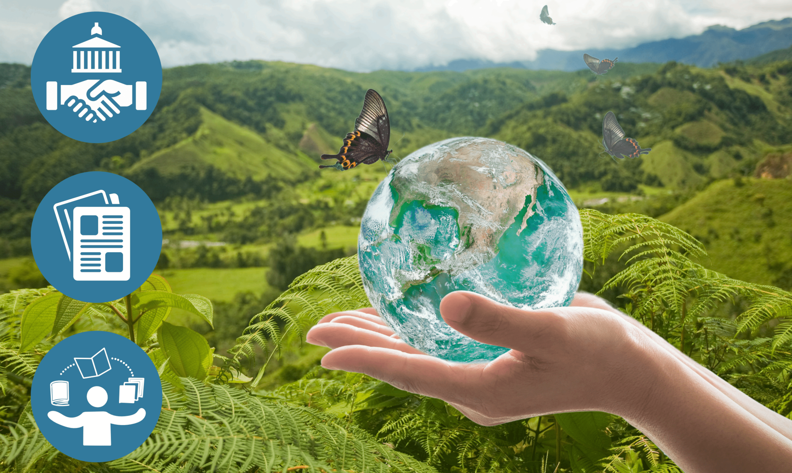 A hand holding the earth with a butterfly resting on it