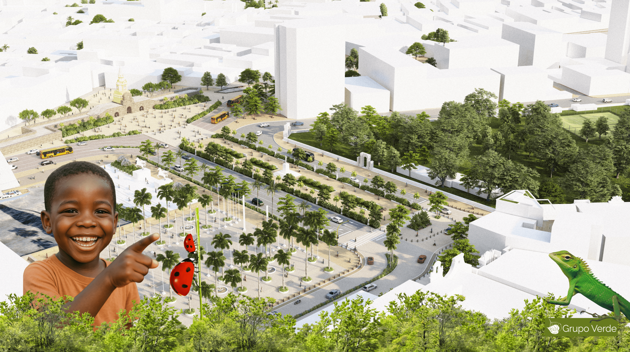 A child joyfully pointing at a ladybug with an industrial garden in the background