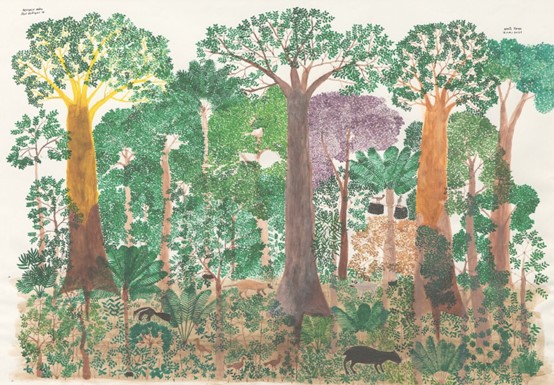 A painting of a forest with vivid colors