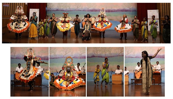 Photo collage showcasing a traditional Indian dance performance with dancers in vibrant costumes and elaborate headgear on stage, accompanied by musicians in the background. The top section features a group pose, while the bottom section highlights individual dancers and musicians, emphasizing cultural attire, dynamic poses, and musical accompaniment.