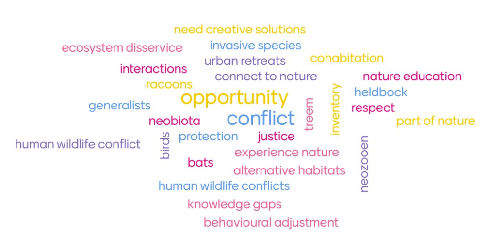Word cloud displaying various terms related to human-wildlife interactions and conservation, with words like "opportunity," "conflict," and "behavioural adjustment" prominently featured in yellow and blue. Smaller words in pink and purple include "ecosystem disservice," "invasive species," and "nature education," highlighting key themes and challenges in wildlife management and environmental protection