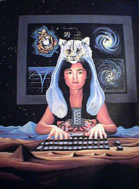 A painting of a hybrid figure, surrounded by images of computer circuits, DNA, or tools, highlighting the fusion of biology and technology.