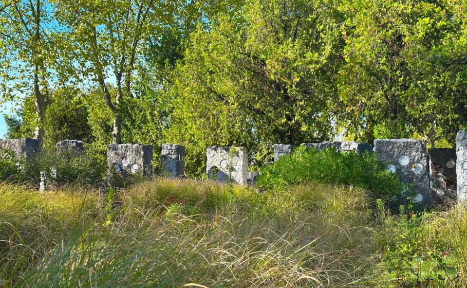 Photo of a row of weathered stone pillars partially covered by tall grass and surrounded by green trees under a clear blue sky.