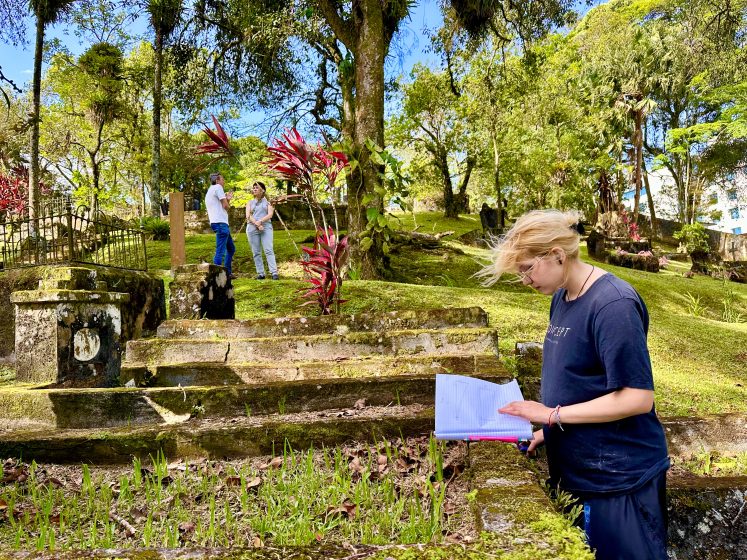 Photo of a person reading a journal in a park-like cemetary with stone steps and lush greenery. Two other people and a dog are visible in the background, surrounded by trees and vibrant red plants under a clear blue sky.