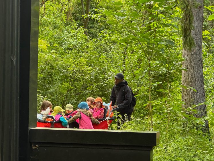 Photo of a group of children in a red wagon being pulled by an adult through the lush green woods