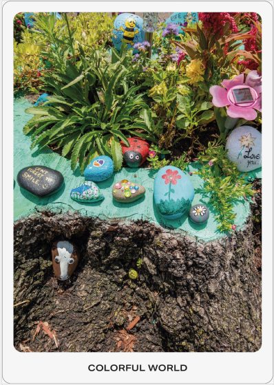 Photo of a garden scene featuring colorful painted rocks arranged among green plants and flowers on a turquoise surface. Painted designs include hearts, flowers, a ladybug, and messages like "Love you," with a small painted animal figure peeking from tree bark at the bottom.
