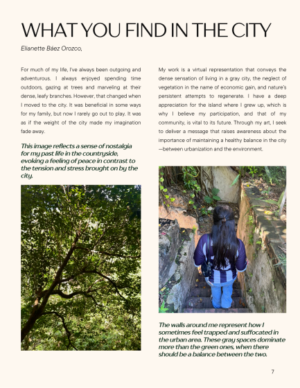 Photo on the left shows the green leaves of a tree canopy from the ground. Photo on the right shows a person with long hair and a backpack standing in a narrow urban alley covered with dense green vegetation on walls. The image contrasts urban confinement with nature. 