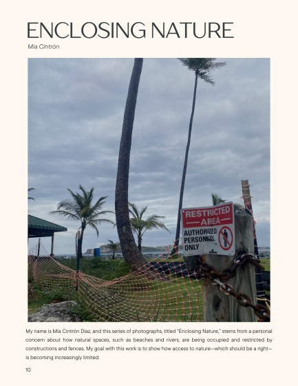 Photo showing a beach area enclosed by orange construction fencing and a large chain with a "Restricted Area" sign indicating access for authorized personnel only. Tall palm trees and cloudy sky are visible in the background.
