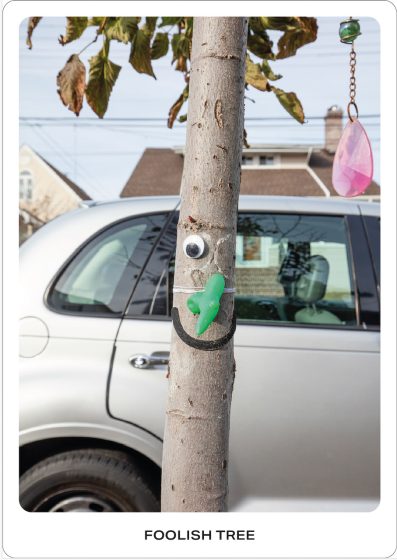 Photo of a tree trunk decorated with a googly eye, a green plastic nose, and a black curved line to resemble a smiling face, positioned in front of a silver car.