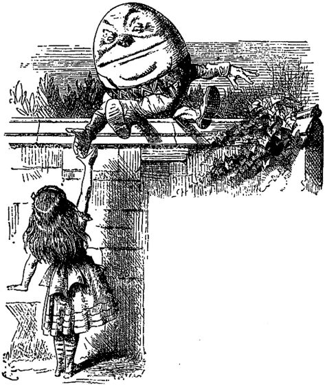 Black and white illustration depicting a girl reaching up to hold hands with a large anthropomorphic egg character sitting on a ledge. The scene includes detailed line work showing the girl's dress, the egg's facial features, and surrounding foliage