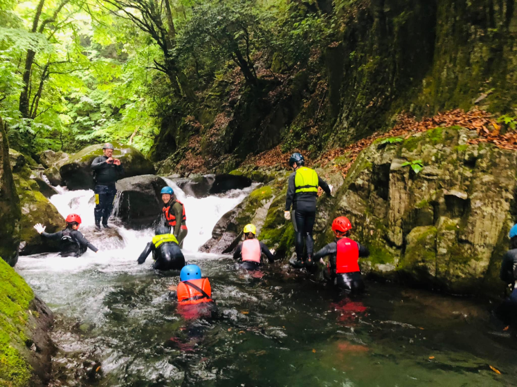 Photo showing a group of people wearing helmets and life jackets engaging in river trekking or canyoning in a forested rocky stream. Participants are navigating flowing water surrounded by moss-covered rocks and dense green foliage.