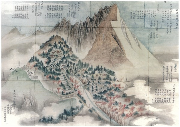 A traditional hand-drawn map depicting a mountainous landscape with detailed topography, vegetation, and pathways, accompanied by numerous annotations in East Asian script. The map uses muted colors like green, brown, and red to distinguish forested areas, rocky peaks, and trails, highlighting key natural features and cultural landmarks.