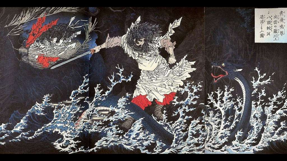A traditional Japanese woodblock print depicts a fierce warrior battling a large serpent-like sea creature amidst turbulent ocean waves. The artwork features dynamic movement with detailed wave patterns in blue and white, the warrior's flowing garments in white and red, and a text box with Japanese characters in the upper right corner.