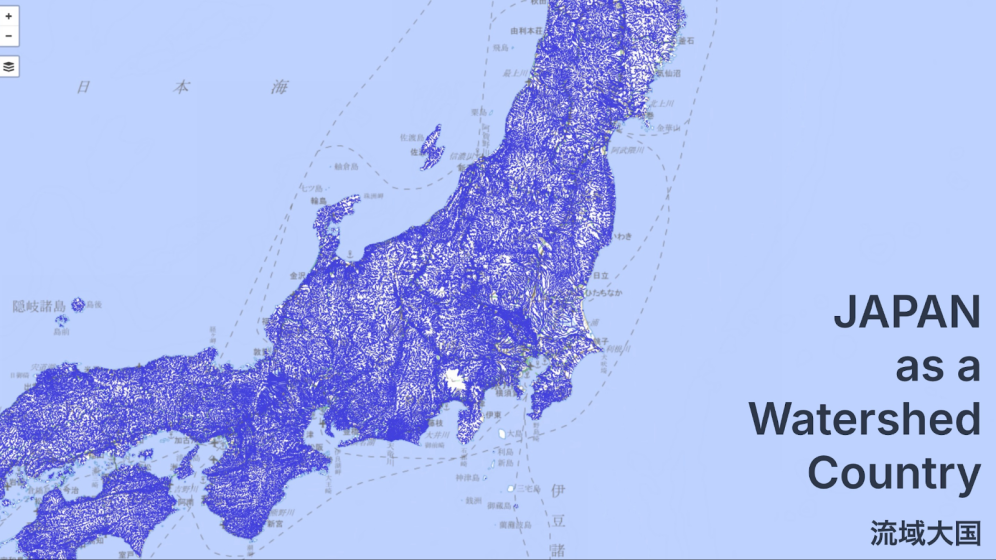Map of Japan illustrating extensive watershed networks across the country, with blue lines representing rivers and streams. Key structural components include labeled regions and surrounding bodies of water, emphasizing Japan's intricate hydrological system as a watershed country.