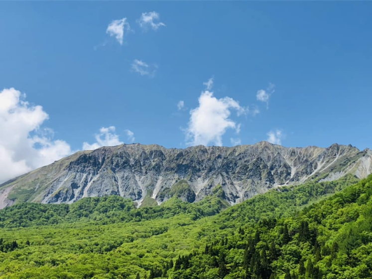 Photo of a mountain range under a blue sky with scattered white clouds, showcasing rocky peaks above a dense green forest.