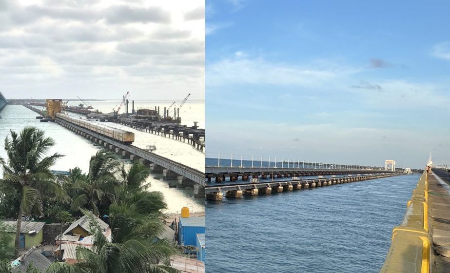 Two photos showing a long bridge extending over a body of water, with construction cranes and equipment visible on one side and a paved road with streetlights and a motorcyclist on the other. 