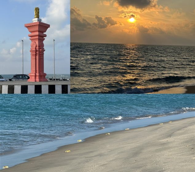 A collage of three photos featuring a red monument with a golden lion statue on top near a waterfront, a sunset over a calm sea with scattered clouds, and a sandy beach with small crabs near the shoreline.