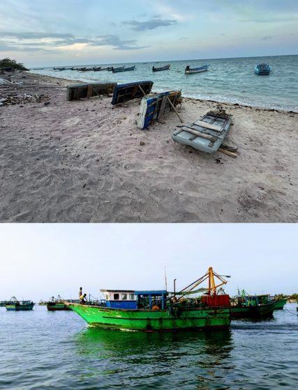 Two photos. Top one showing a sandy beach with several small wooden boats overturned on shore and more boats floating in calm sea under a partly cloudy sky. A close-up view of a green fishing boat with equipment and crew members on board, surrounded by other boats on water.