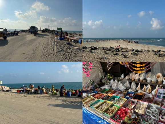 Photo collage showing people relaxing on sandy beaches, barbequing on the beach, and the lower right, a stall of multiple colored baskets of dried foods and goods.