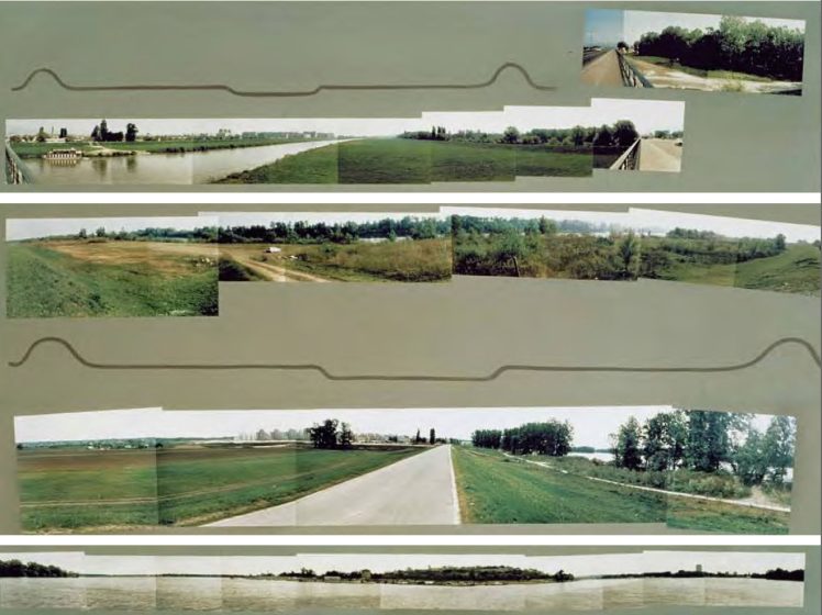 Panoramic photo collage showing multiple wide-angle landscape views of a rural area with fields, trees, a river, and a road. The collage includes several stitched photos arranged horizontally with a wavy border, highlighting different perspectives and natural features across the terrain.