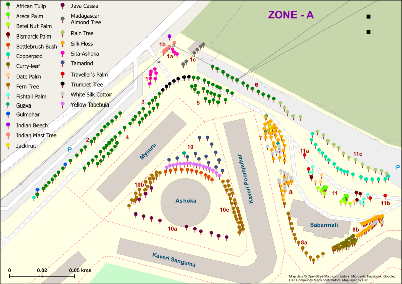Map displaying Zone-A layout with labeled streets and residential blocks Ashoka, Mysuru, Neel Ponnampur, and Sabarmati, featuring various tree species marked by distinct colored icons as indicated in legend. Key elements include numbered tree clusters, parking areas, and scale bar, highlighting diverse flora distribution and urban planning details.