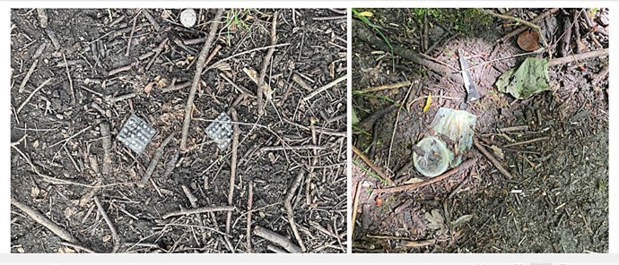Photograph showing two side-by-side close-up views of forest floor litter with soil, twigs, and leaves. Left side features partially buried plastic wrappers, while right side displays a used condom partially covered by debris.