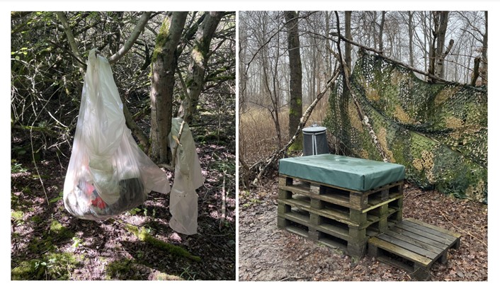 Two side-by-side photos of outdoor scenes. Left photo shows a plastic bag hanging from a tree branch with trash inside, and right photo shows a small structure made of wooden pallets with a green cover and camouflage netting in a wooded area.