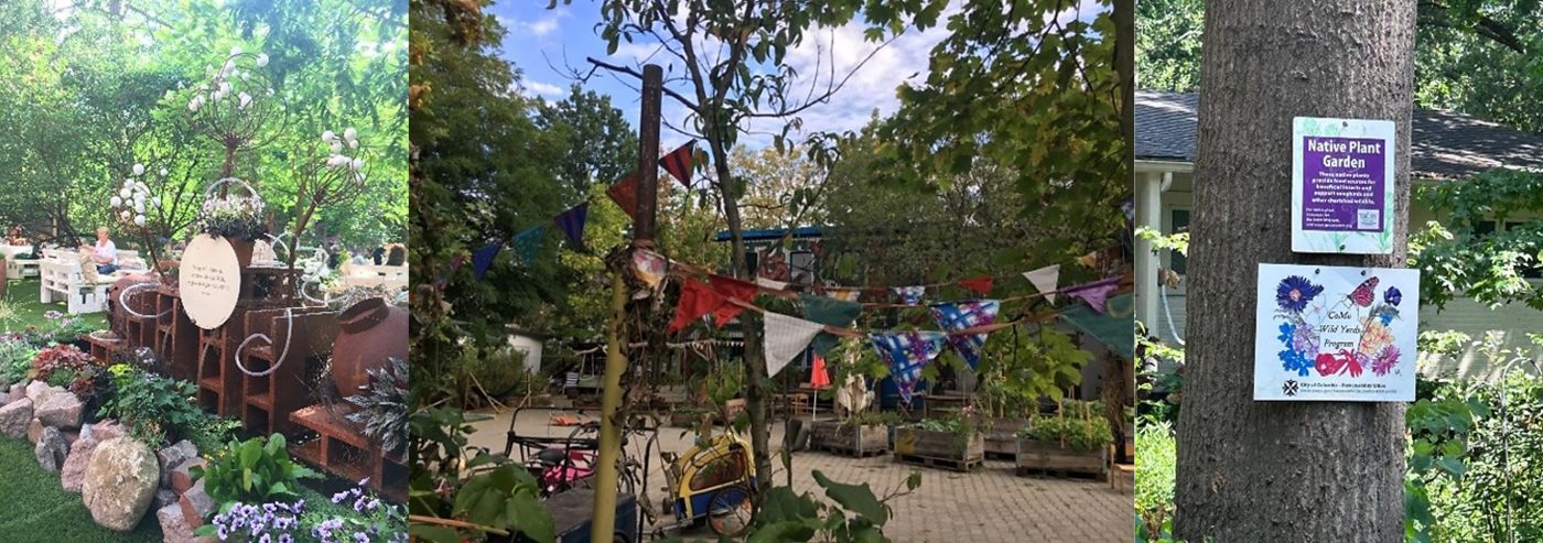 Left: Photograph of an outdoor garden setup featuring a decorative metal stand with a round sign surrounded by plants and flowers in various pots and containers. The scene includes a stone-bordered flower bed with green foliage and purple flowers, creating a peaceful and inviting atmosphere. Middle: Photograph of an outdoor garden or courtyard decorated with colorful triangular fabric pennant banners strung between trees and poles. The scene includes greenery, wooden planters, a bicycle, and a paved ground area under a partly cloudy sky.Right: Photograph of two signs attached to a tree trunk in a garden setting. Top sign is purple and white, labeled "Native Plant Garden," describing benefits of native plants, while bottom sign features colorful wildflower illustrations and text promoting "CoMo Wild Yards Program" by City of Columbia.