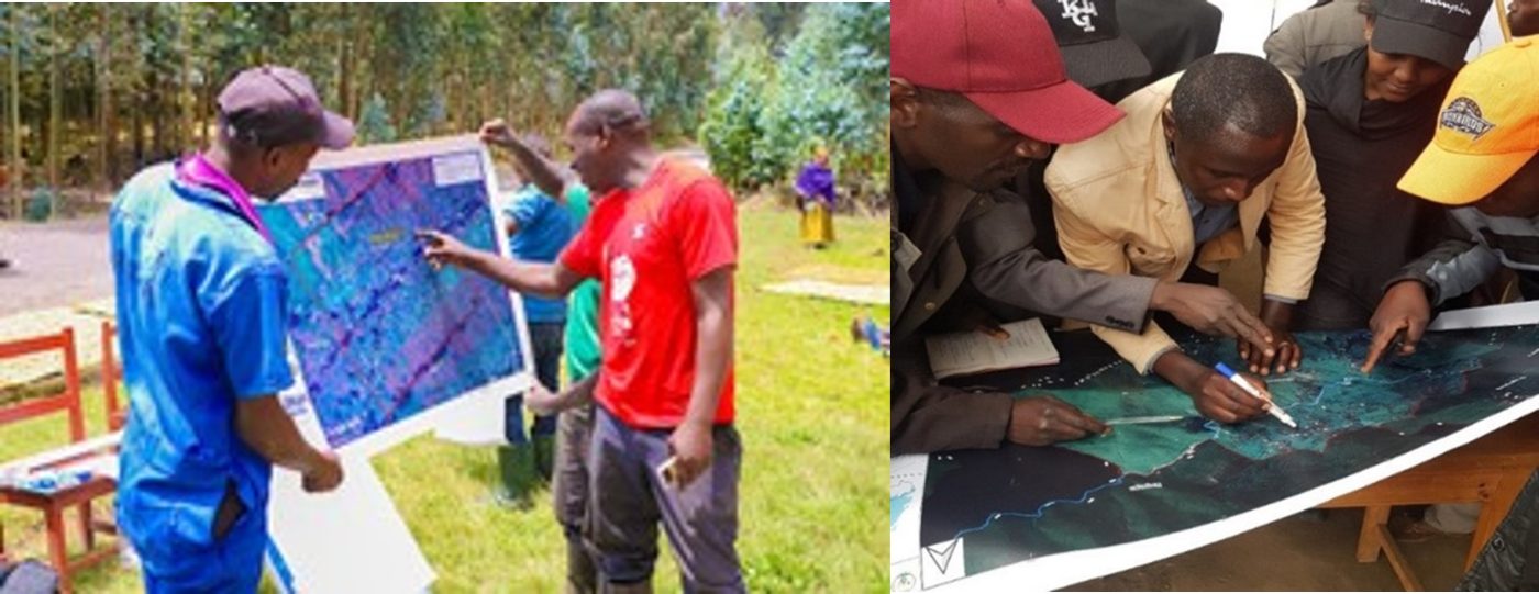 Left: Photo of three men outdoors examining a large printed map labeled "MURANG'A," with one man pointing to a specific area on the map. The scene includes a forested background and grassy area, suggesting a discussion or planning related to land, geography, or environmental assessment.Right: Photo showing a group of people gathered around a large map spread on a table, actively pointing and marking locations with pens. The map features detailed geographical elements with blue and green colors, indicating water bodies and land areas, suggesting a collaborative planning or discussion session.