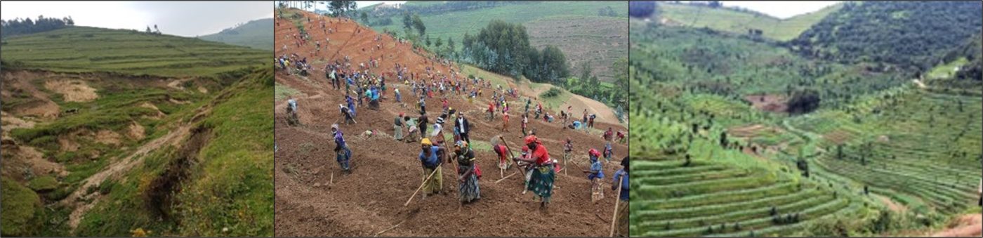Left: Photo of a grassy hillside showing significant soil erosion with exposed dirt patches and uneven terrain. Green vegetation surrounds eroded areas, with a few scattered trees on the hilltop under a cloudy sky.Center: Photo showing a large group of people working on a hillside farm, using hoes to till soil. Right: Photo of terraced farmland on rolling hills, showcasing layered green crops and scattered trees. The terraces create distinct horizontal lines, illustrating agricultural techniques used to maximize arable land on steep terrain.