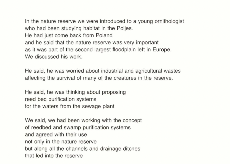 Text document containing a narrative about a young ornithologist studying habitat in a nature reserve within the Poljes region. The text discusses concerns about industrial and agricultural waste affecting wildlife, and mentions collaboration on reed bed and swamp purification systems for water treatment in the reserve and surrounding drainage channels.